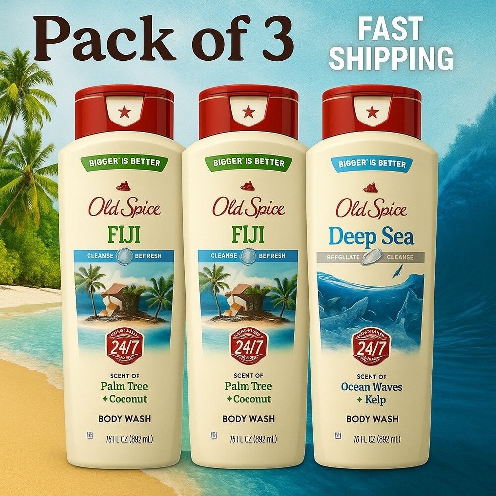 Old Spice Fiji & Deep Sea Mens‎ Shower Gel Lot 3 18oz